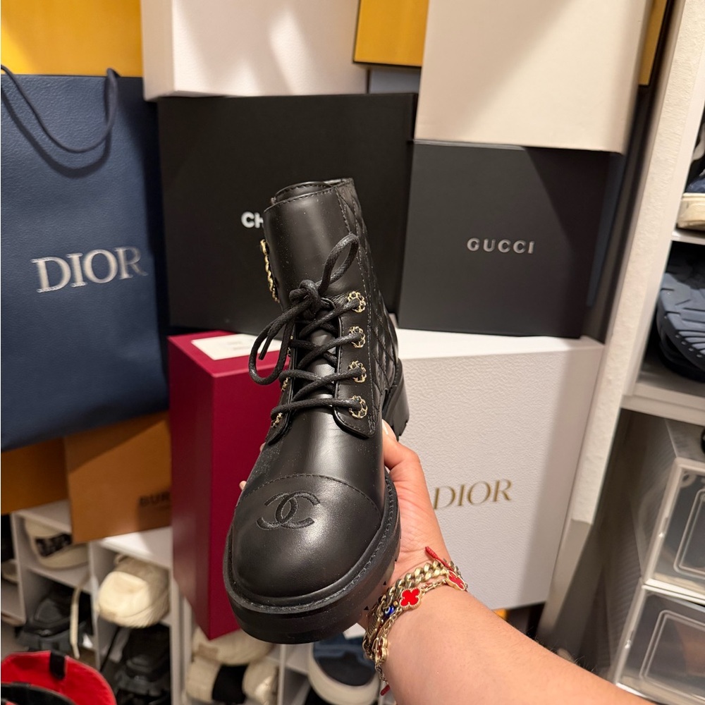 Designer like Chanel Black Quilted Leather Combat Boots - Picture 3 of 4